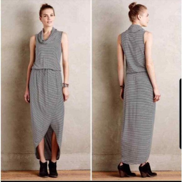 Anthropologie Dolan Black White Striped Knit Hi Lo Cowl Neck Maxi Dress - Picture 1 of 15